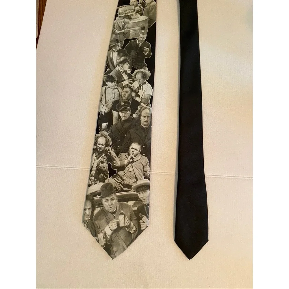 Vintage 1994 Ralph Marlin Three Stooges Antics Black White Novelty Tie Mens USA